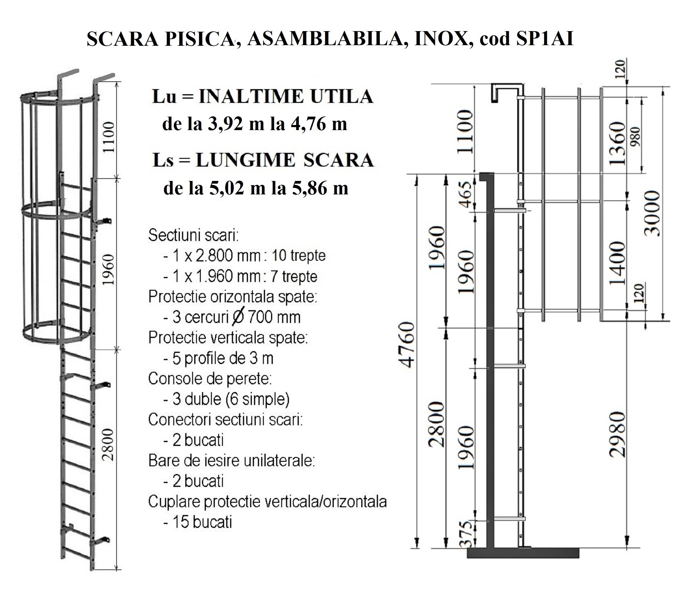 Scara pisica RARIS, asamblabila, din otel inoxidabil, inaltime acoperis de la 3,92 m la 4,76 m, cod SP1AI